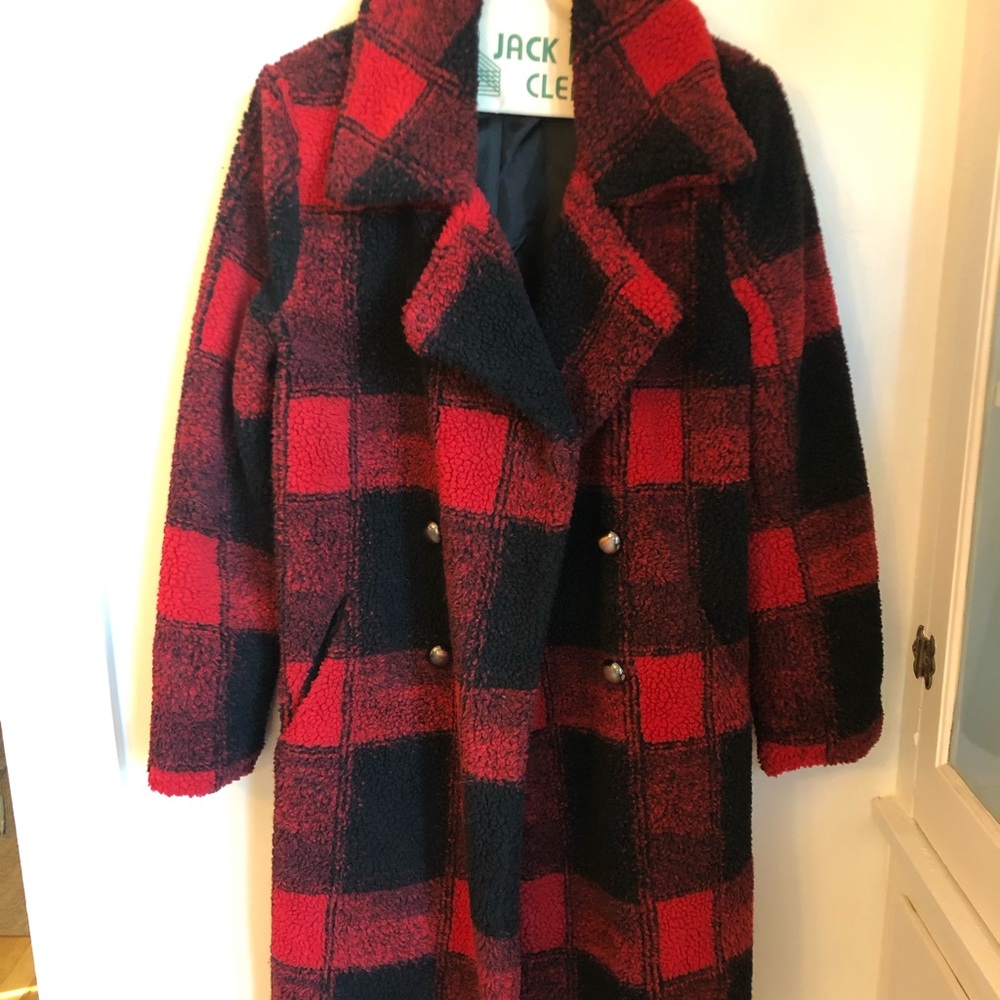 Black and Red Check Teddy Coat